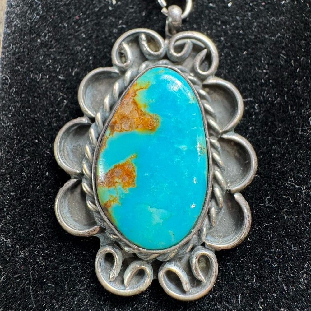 925 Sterling Silver Turquoise Pendant Necklace Filigree Southwestern Jewelry